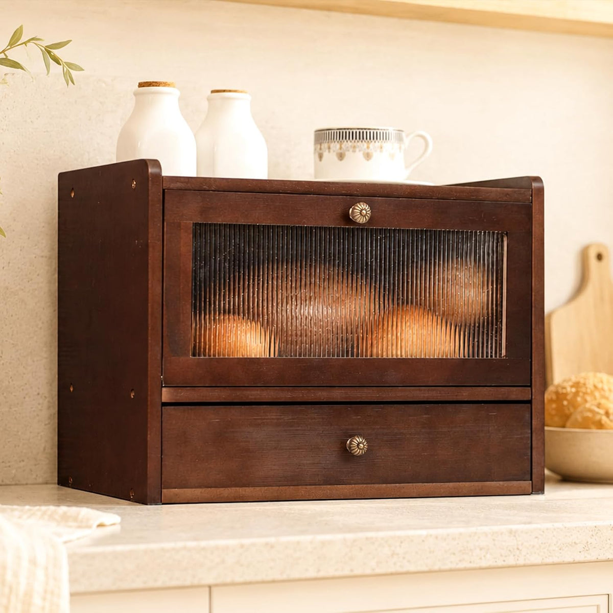 Solid Wood Bread Box with Pull-Out Bamboo Bread Slicer for Kitchen Counter