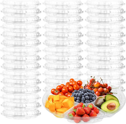 30 Pack Fruit Trays for Serving for Party, 6 Divided Compartment Disposable Party Platters for Vegetable Fruit Snack Nut, Plastic Veggie Tray with Lid for Buffet Catering（10.4 Inch） (Clear)