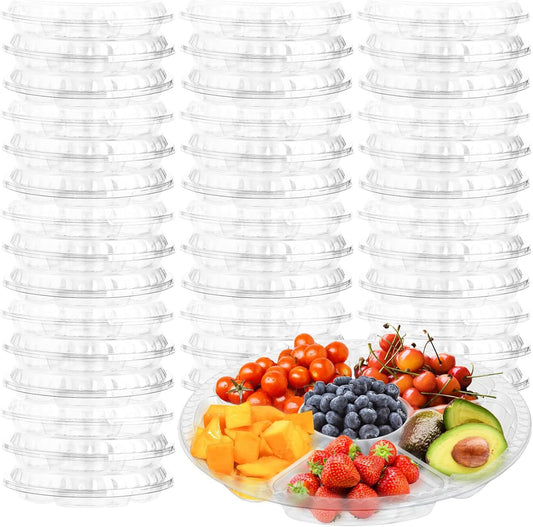 30 Pack Fruit Trays for Serving for Party, 6 Divided Compartment Disposable Party Platters for Vegetable Fruit Snack Nut, Plastic Veggie Tray with Lid for Buffet Catering（10.4 Inch） (Clear)