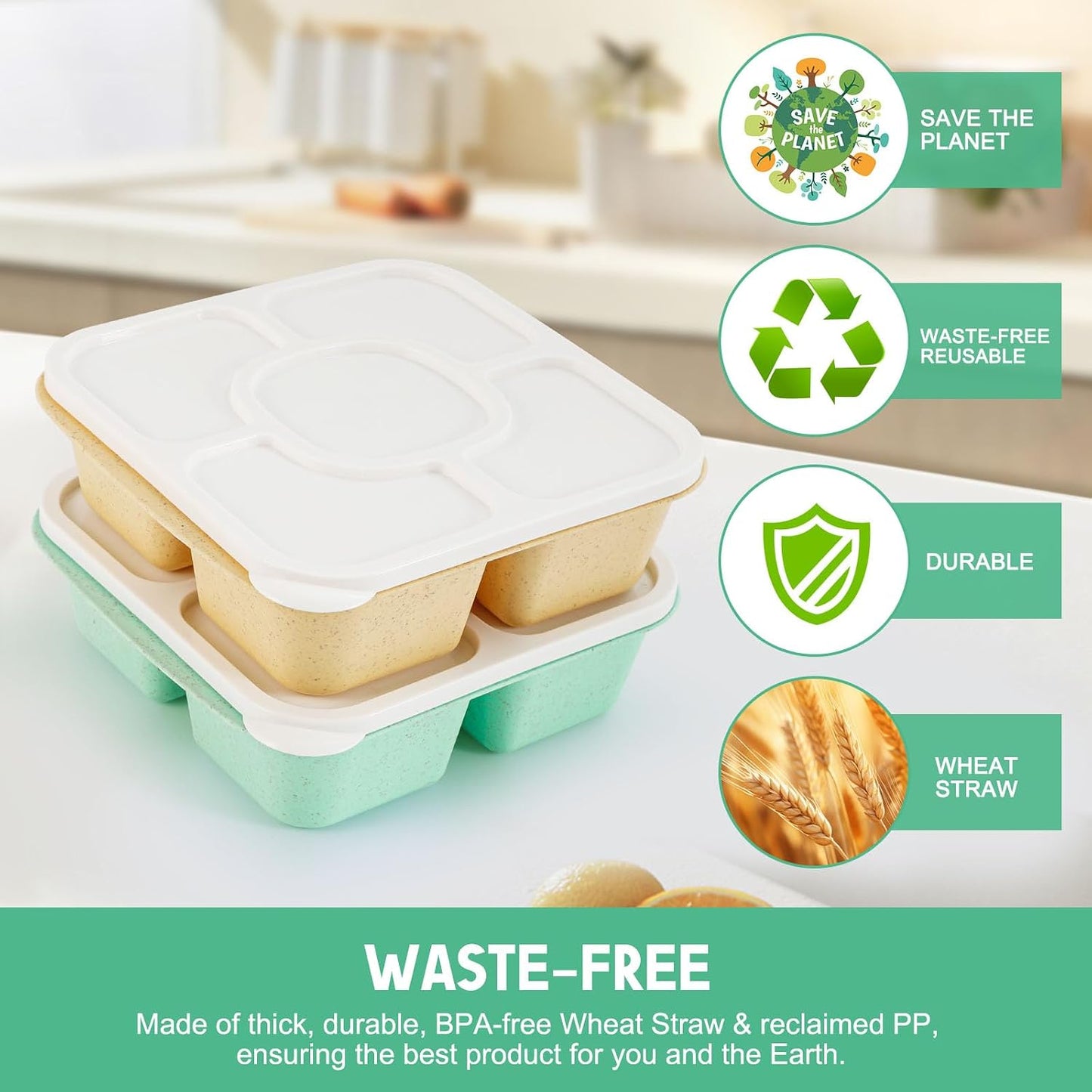 Original Lunchable Snack Containers - 5 Compartments Bento Snack Boxes with 1 Leakproof Small Containers, Wheat Straw, BPA-Free, Set of 2 (Bule+Pink)