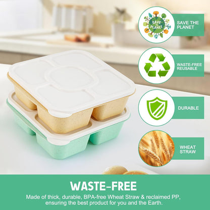Original Lunchable Snack Containers - 5 Compartments Bento Snack Boxes with 1 Leakproof Small Containers, Wheat Straw, BPA-Free, Set of 2 (Bule+Pink)