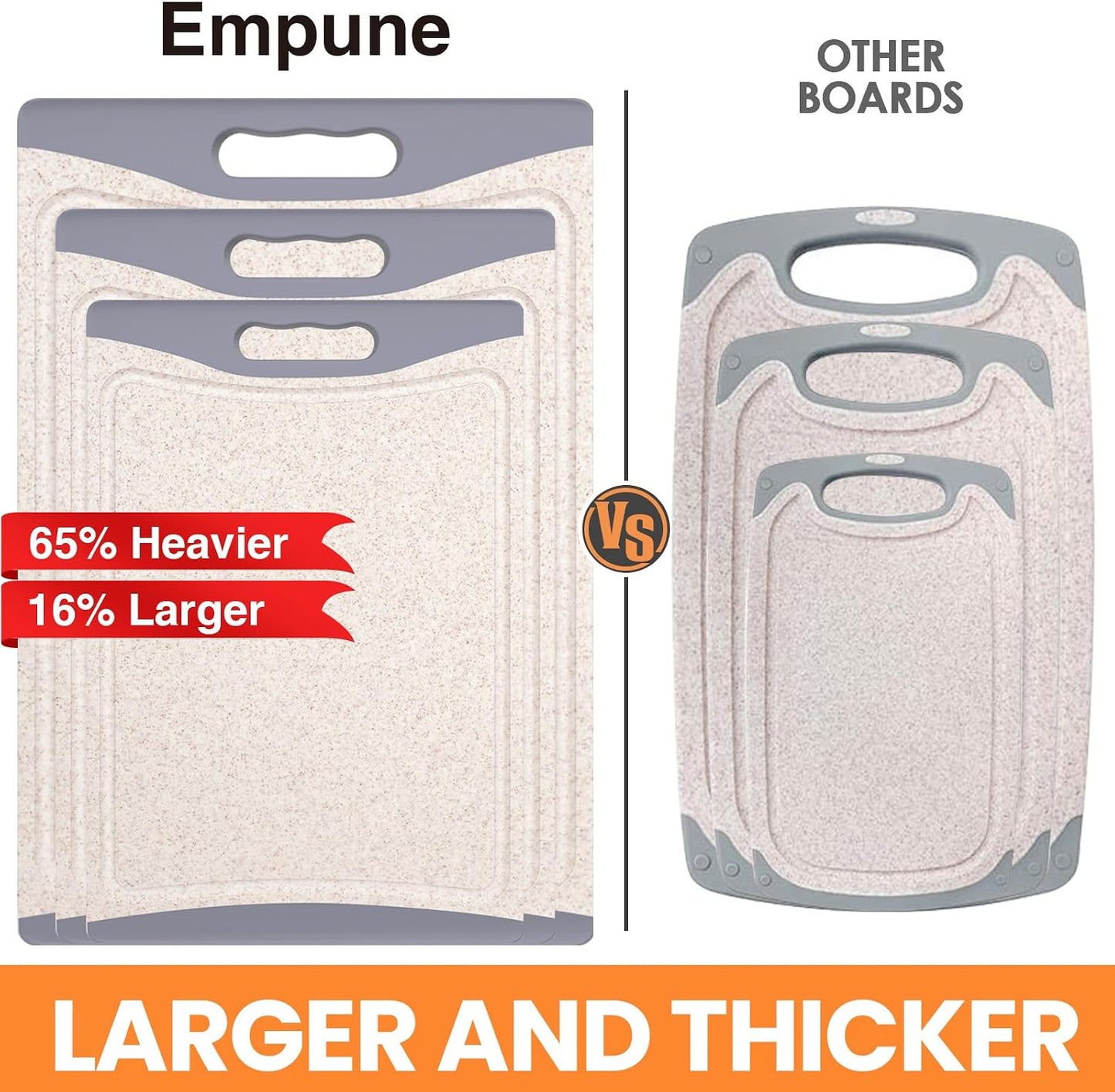 Extra Large Cutting Boards, Plastic Cutting Boards for Kitchen (Set of 3) Cutting Board Set Dishwasher Chopping Board with Juice Grooves Easy-Grip Handles, Dark Grey, Empune