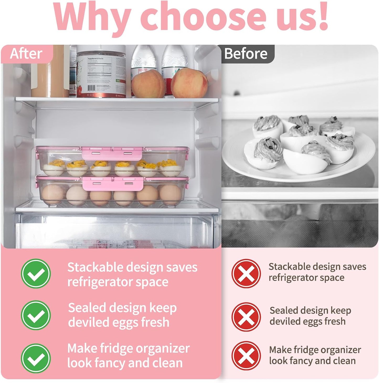MesRosa 2 Pack Deviled Egg Containers with Lid and Handle, Durable Clear Plastic Deviled Egg Carrier Storage 48 Eggs, Stackable Egg Holder for Fridge, Portable Tray Platter for Party & Picnics-White