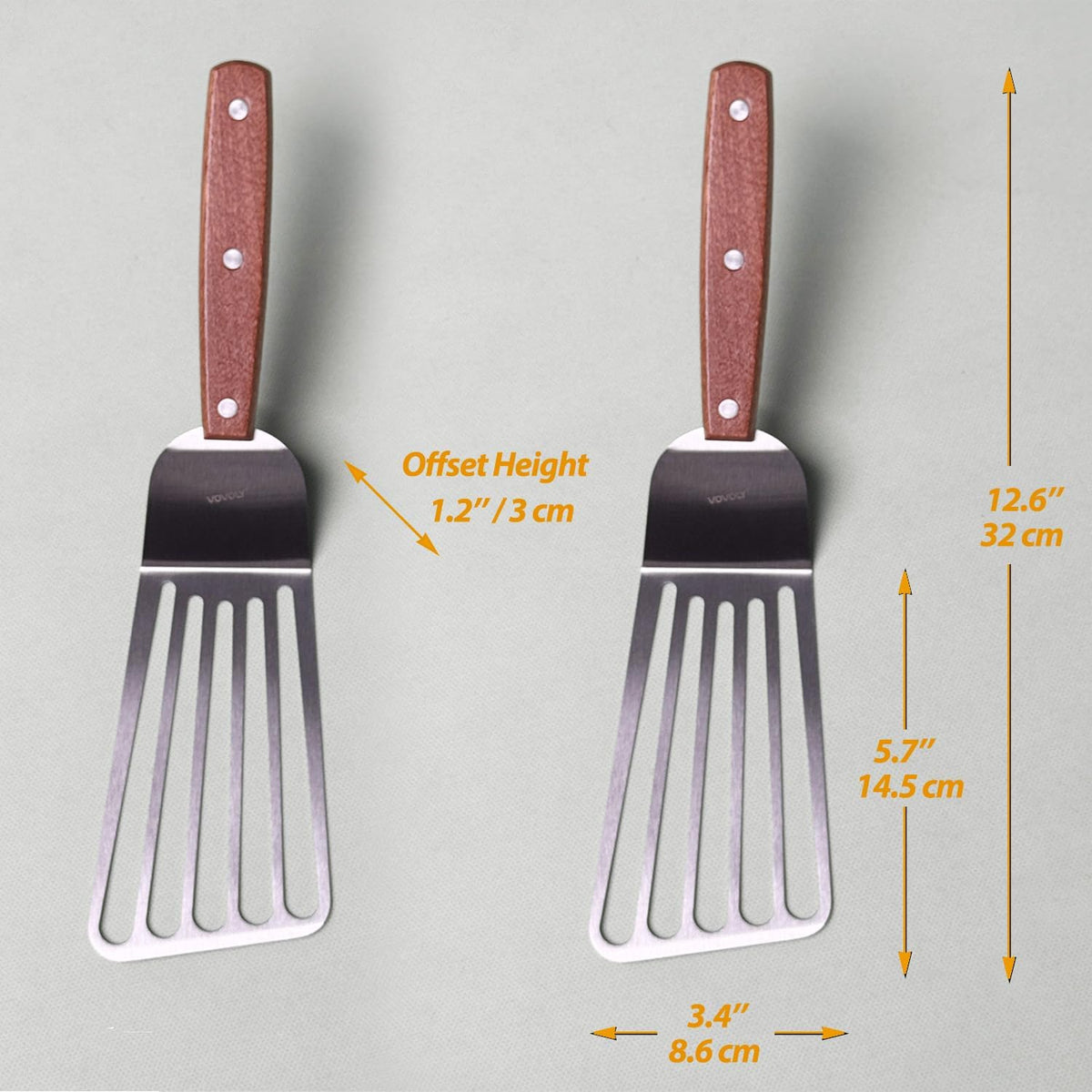 2 Pack Fish Spatula Turner, Stainless Steel Slotted Spatulas for Flipping, Turning, Frying & Grilling, 3"x6"+4"x8" Metal Slotted Spatulas, Wooden Full Tang Handle & Curved Blade
