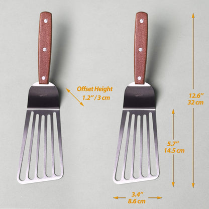 2 Pack Fish Spatula Turner, Stainless Steel Slotted Spatulas for Flipping, Turning, Frying & Grilling, 3"x6"+4"x8" Metal Slotted Spatulas, Wooden Full Tang Handle & Curved Blade