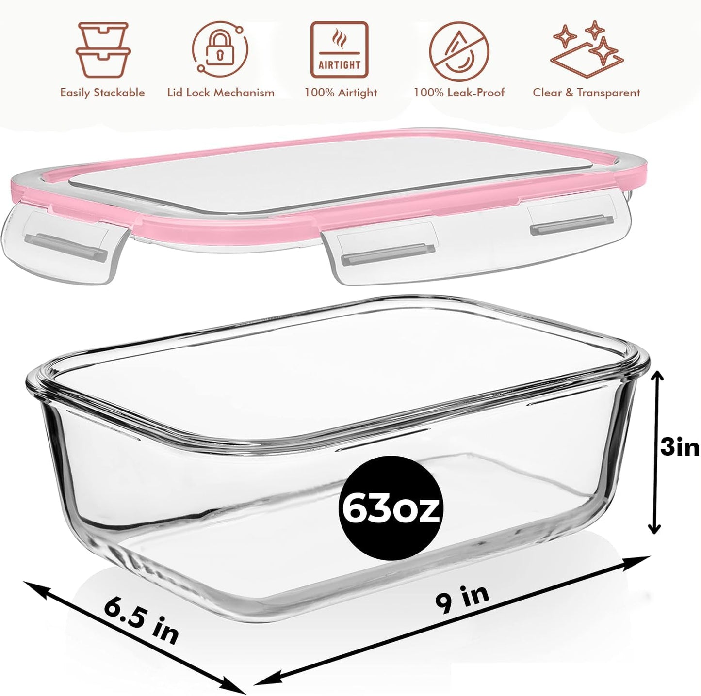 8 Cups/ 63 Oz 4 Piece (2 containers + 2 Lids) Large Glass Food Storage/ Baking Containers with Locking Lids . Ideal for Storing food, vegetables or fruits. BPA Free & Leak Proof -Microwave, Oven Safe