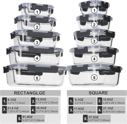 Glass Food Storage Containers with Lids Airtight, Glass Meal Prep Containers for Lunch Food, Container Set, Easy to Open& Close/Microwave,Oven,Freezer,Dishwasher Safe/Leak-Proof（20 Pieces）