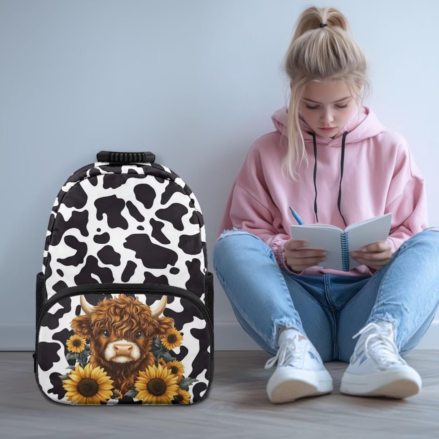Highland Cow Backpack with Lunch Box Set for Kids Sunflower School Backpack for Girls Boys Back to School Bag Student Travel Backpacks Reusable Utensils Pen Case Water Bottle Bag 5PCS