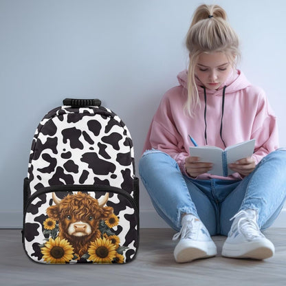 Highland Cow Backpack with Lunch Box Set for Kids Sunflower School Backpack for Girls Boys Back to School Bag Student Travel Backpacks Reusable Utensils Pen Case Water Bottle Bag 5PCS
