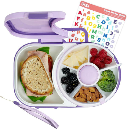 GoBe Kids Lunchbox with Small Snack Spinner Flip - Bundle with Hand Strap & Sticker Sheet, 2-in-1 Bento Style Lunch Container, 5 Small +1 Large Sandwich Compartment, BPA & PVC Free- Macaron Blue