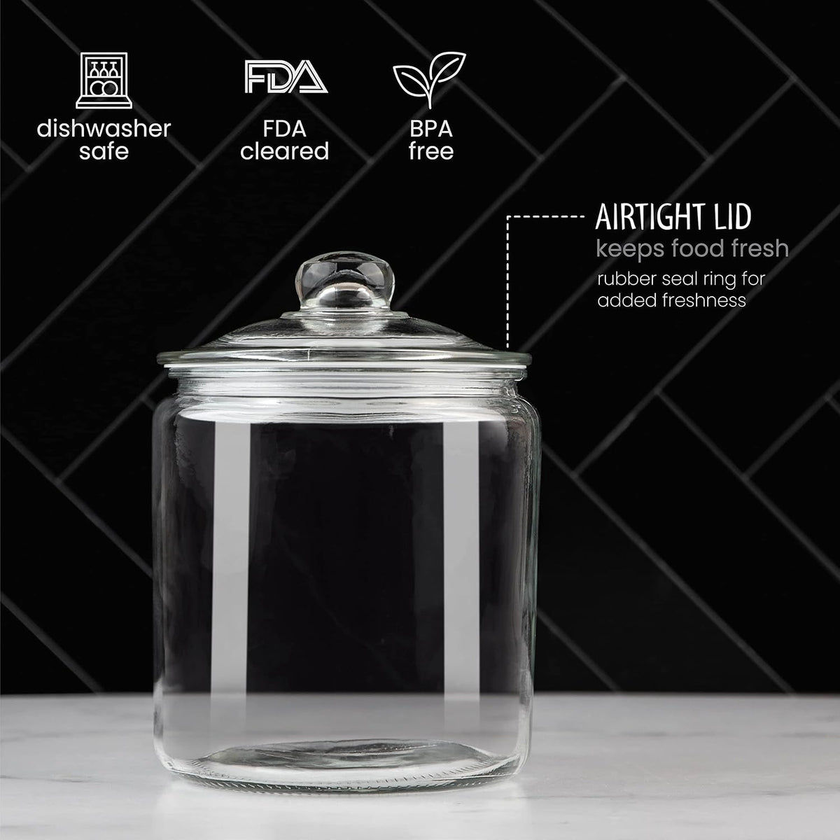 1 Gallon Glass Cookie Jar with Lid – Glass Jar with Lid - Airtight Food Storage Container for Cookies, Candy, Flour, Dog Treats – Clear Large Kitchen Jar for Pantry - Glass Containers with Lids