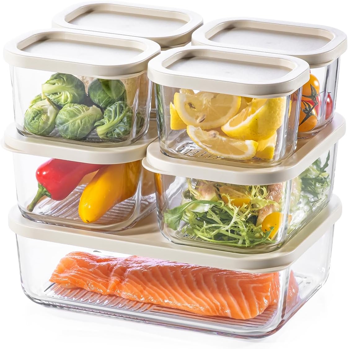 KEMETHY 7 Pack Glass Food Storage Containers with Lids,Stackable BPA Free Glass Meal Prep Containers,Glass Lunch Containers with Lids for Kitchen Storage and Organization- Baking, Microwave, Oven