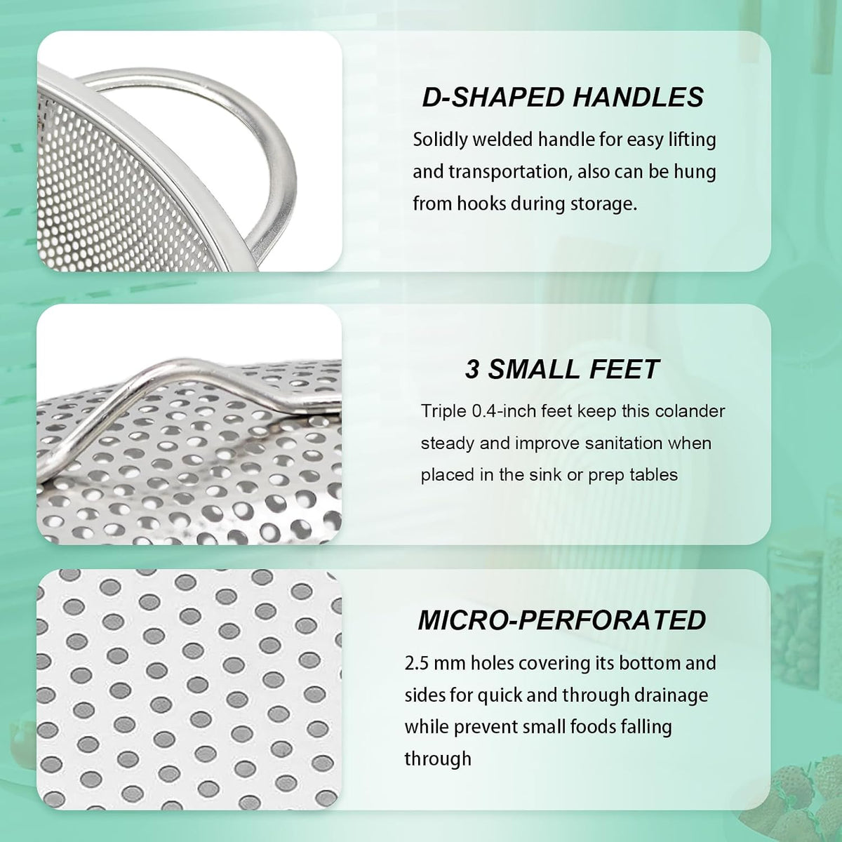 Stainless Steel Colander, 3-Quart Micro-Perforated Metal Colander Strainer with Handle for Kitchen/Draining Pasta/Rinsing Vegetables Fruits,Dishwasher Safe - 8.8 Inches