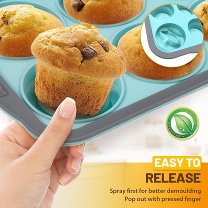 Silicone Muffin Pan, 12 Cups Non-Stick Cupcake Pan, Food-Grade BPA-Free Muffin Tin, Oven-Safe 450 °F, Reinforced Steel Frame, Easy-Grab Handles, Quick-Release 2.3" Baking Molds for Mini Treats