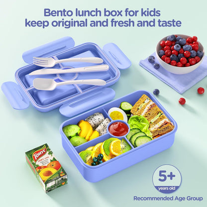 Jelife Bento Lunch Box for Kids - Leakproof Large Bento-Style with 4 Compartments Portions Lunchbox with Tableware Back to School, Reusable On-the-Go Meal and Snack Packing, Blue