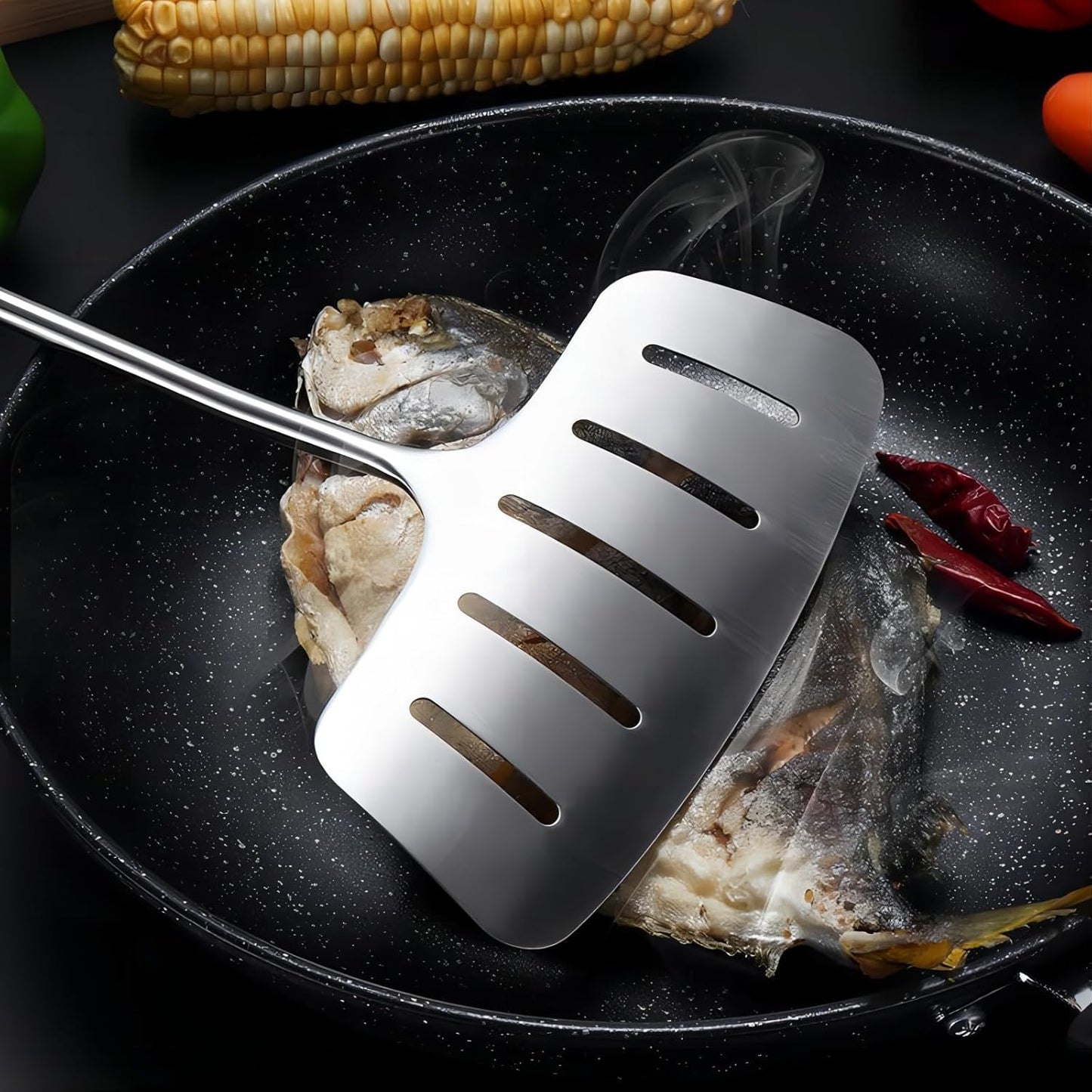 GREATLINK 304 Stainless Steel Fish Spatula,Wide Slotted Turner Steak Spatula With Heat Resistant Long Handle,Professional Kitchen Slotted Cooking Turner for Cooking or Baking