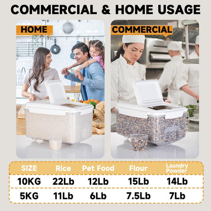 LivLab Mker Rice Storage Container 20 lbs & 10 lbs - 15 lbs & 7.5 lbs Flour Dispenser with Wheel & Measuring Cup, Kitchen Prganizers for Dry Food Storage Container, White