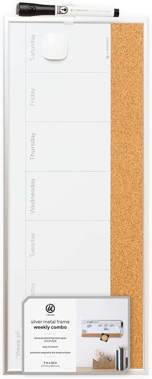 U Brands Magnetic Dry Erase Weekly Calendar White Board With Cork Strip, 18" x 7.5", Silver Aluminum Frame, Includes Magnet, Marker