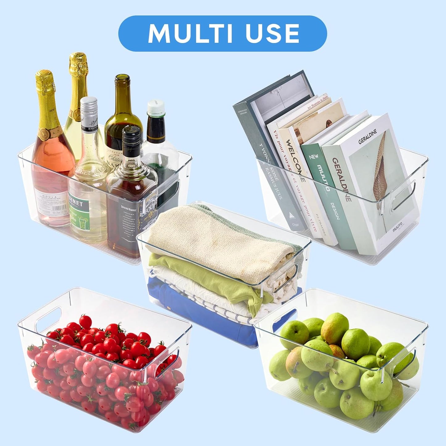 JollyPack 8 Pack Clear Plastic Storage Bins, Pantry Organizers and Storage with Handles, Clear Storage Containers for Fridge, Kitchen, Cabinet, Bathroom and Office