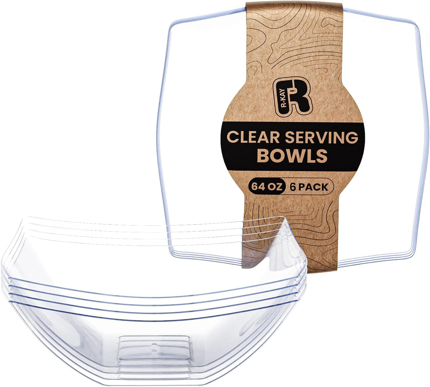 R-kay 6 Pack Square Plastic Serving Bowls - Clear Plastic bowls 16 Oz - Disposable Serving Bowls Heavy Duty For Weddings Catering And Birthday parties