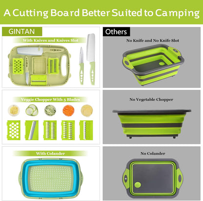 Gintan Collapsible Camping Cutting Board, 9-in-1 Chopping Board with Colander, Kitchen Vegetable Washing Basket for Camping, Camping Gifts Camping Accessories for RV Campers (Blue+Grey)