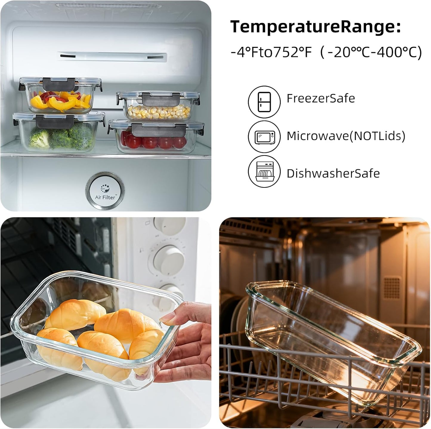 Glass Food Storage Containers with Airtight Locking Lids, 4-Piece Set, Nesting Design