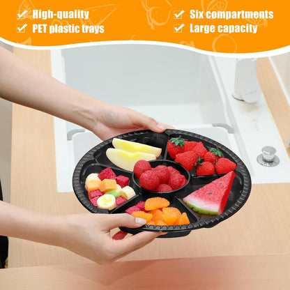 Rtteri 36 Pcs Round Catering Trays with Lids Divided Serving Trays 6 Compartment Disposable Plates Plastic Appetizer Traysplatters Food Storage Containers for Christmas Party Fruit Buffet (Black)