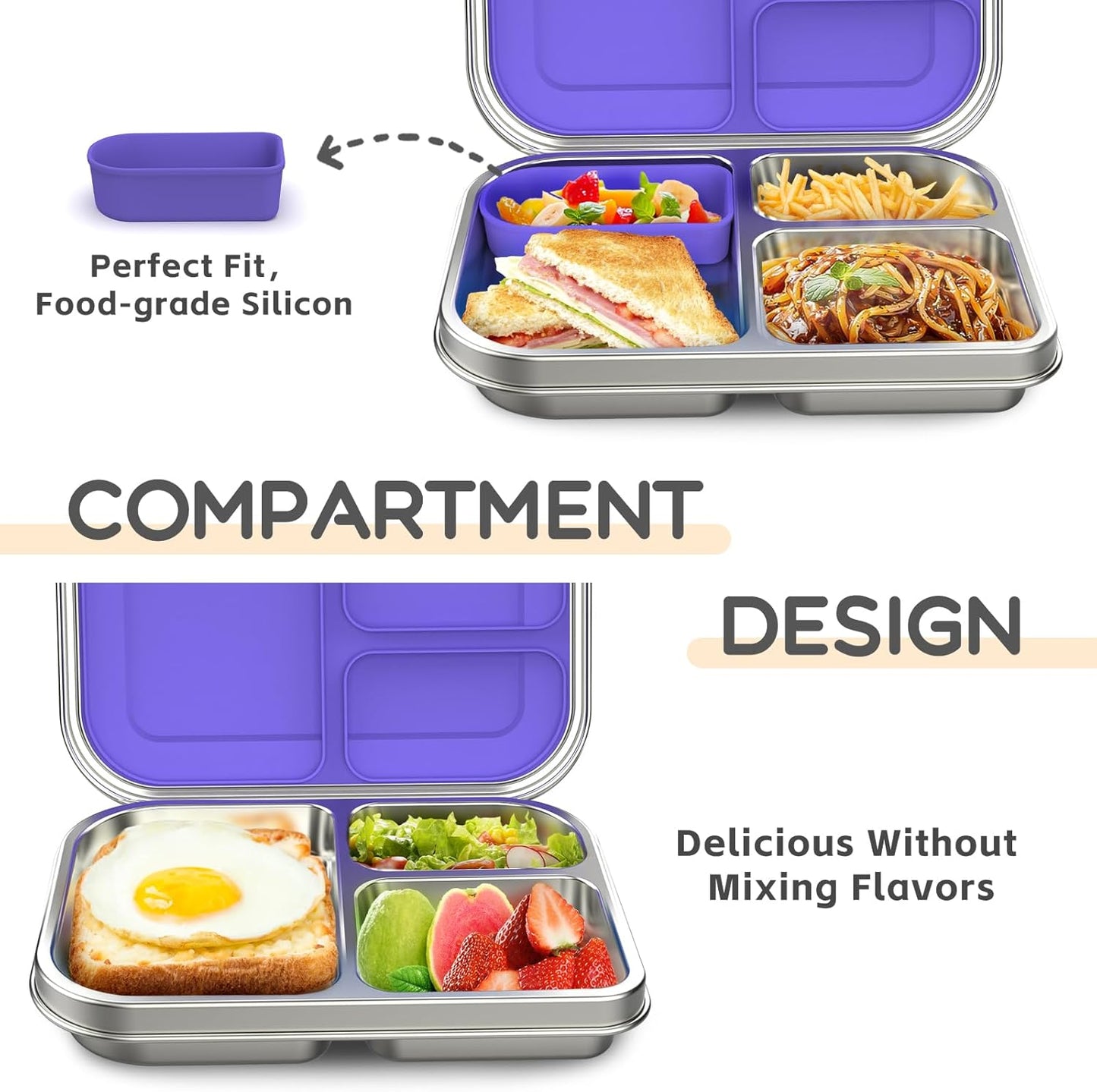 BOSEDSANG Stainless Steel Kids Leak-Resistant Bento Lunch Box, 3-Compartments with Silicone Container, Dishwasher-Safe, Child-Friendly Design for School, Picnics & Travel,BPA-Free(Pink)