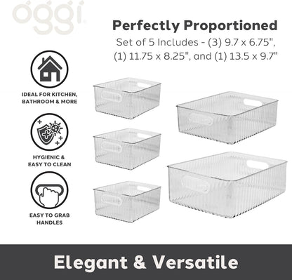 Oggi Set of 5 Clear Fluted Storage Bins with Handle - Durable Plastic Organizers for Fridge, Pantry, Cabinets & Countertop, Modern Farmhouse Style, 5 Sizes for Kitchen Organization and Storage