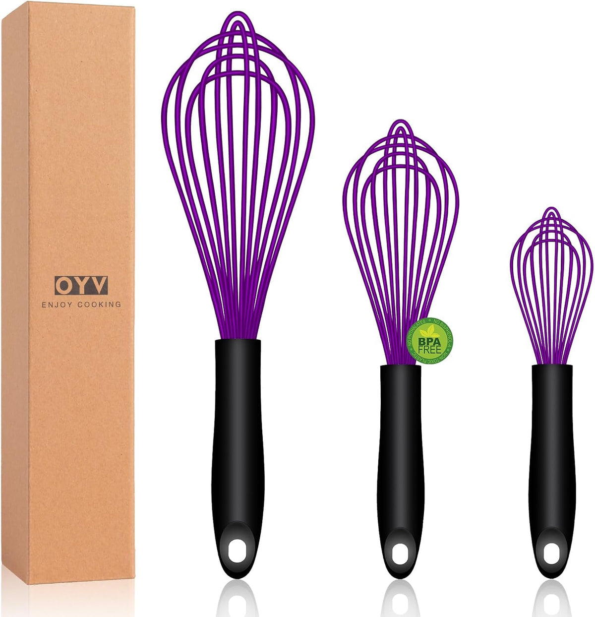 OYV Dishwasher Safe Silicone Whisk, Sealed Waterproof Design Set of 3, Professional Kitchen Whisks for Cooking Non-Scratch, Silicone & Stainless Steel Whisk, Heat Resistant Balloon Egg Beater, Black