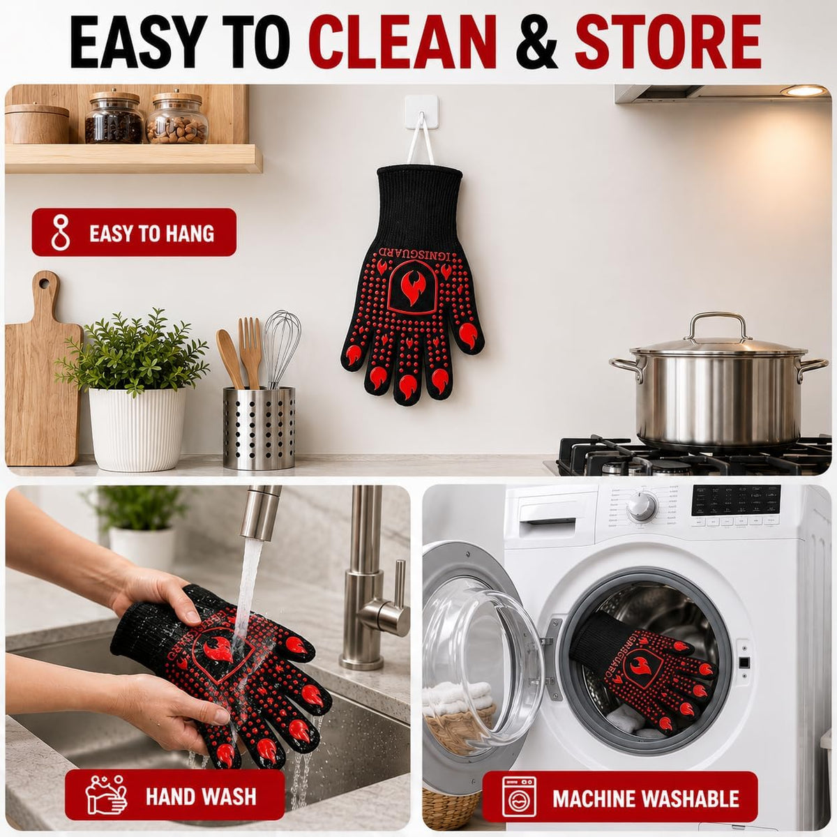 BBQ & Grill Gloves, Oven Gloves Heat Resistant, 1 Pair, Red (L)