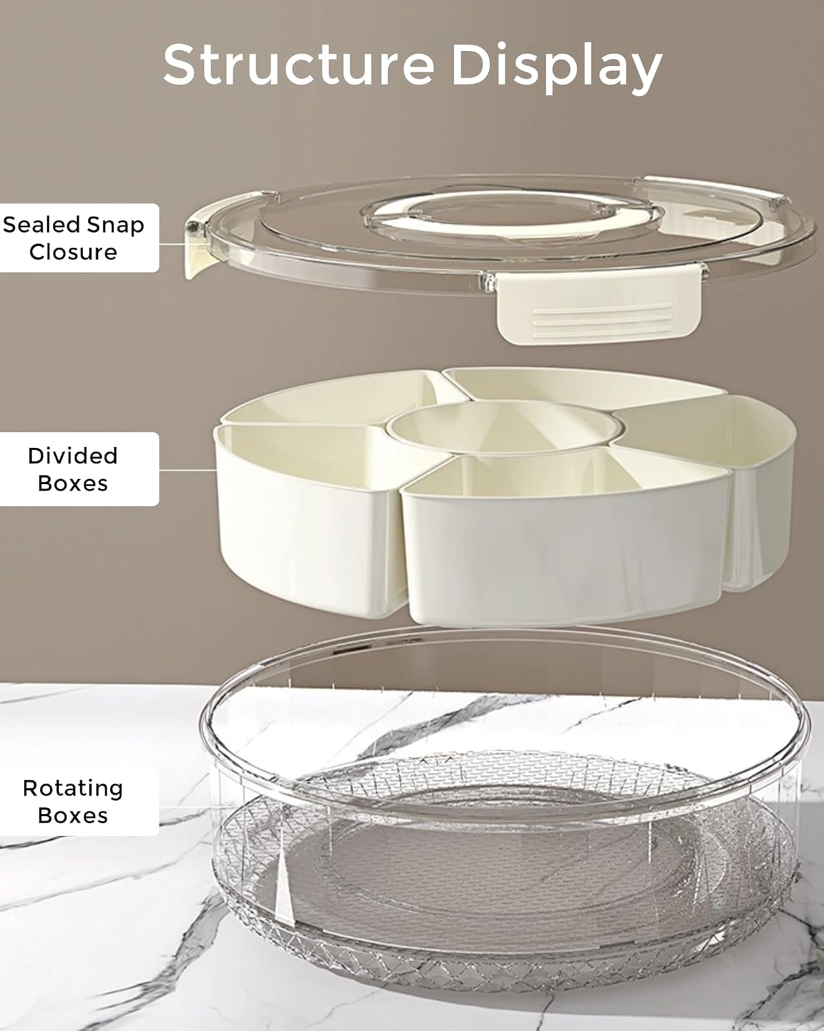 Divided Serving Tray with Lid and Handle, Round Rotating Snackle Box Container, 6-Compartment, for Fruits Candy Organizer, Portable Spinning Rounded Veggie Tray for Kitchen, Party, Trave and Picnic