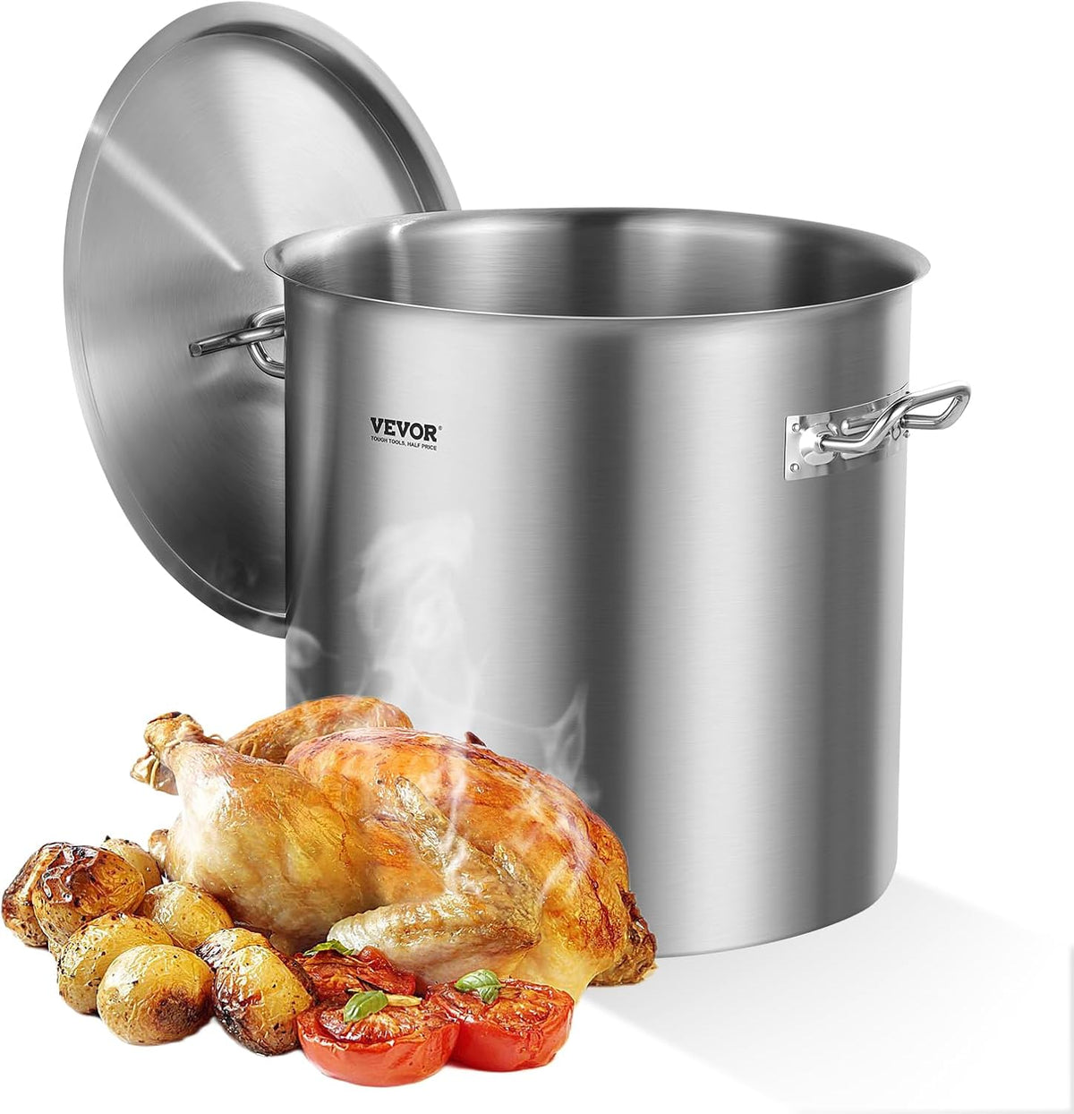 VEVOR Stainless Steel Stockpot, 42 Quart Large Cooking Pots, Cookware Sauce Pot with Strainer, Lid, and Handle, Heavy Duty Commercial Grade Stock Pot, Sanding Treatment, for Large Groups Events Silver