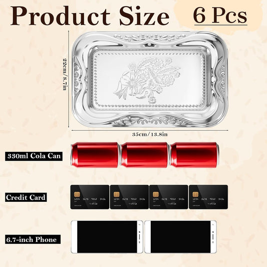 6 Packs Silver Serving Trays, 13.8" x 8.7" Bow Floral Engraved Mirror Decorative Tray, Stainless Steel Trinket Tray, Retro Vintage Embossing Rectangle Reusable Party Platters, for Tea Coffee Fruit Des