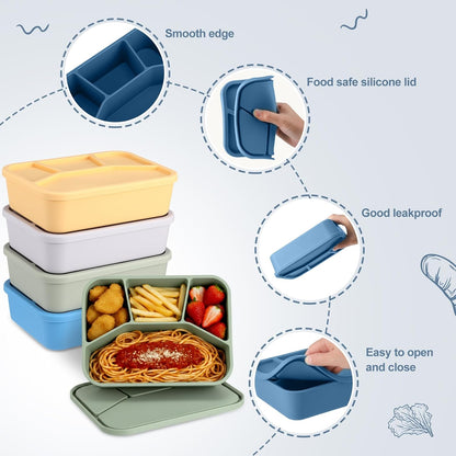 Honeydak 6 Pcs Silicone Bento Box Reusable Lunch Container 4 Compartment Snack Boxes with Lid Smooth LeakProof Rectangle Food Boxes for Adult Work Travel Food Storage (Cute Color)