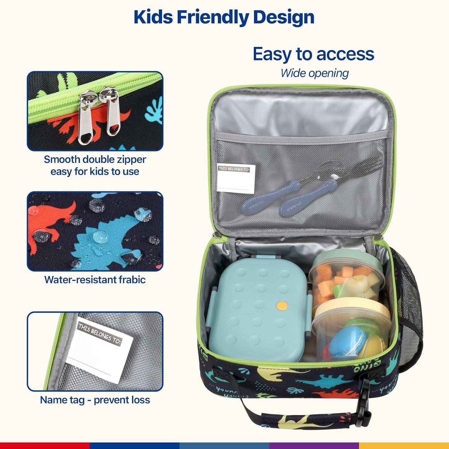 Bagseri Kids Lunch Bag Boys - Thermal Insulated Lunch Box Tote with Water Bottle Holder, Reusable Leak-Proof Kids Lunch Box for Daycare & School, Black Dinosaur (Containers Not Included)