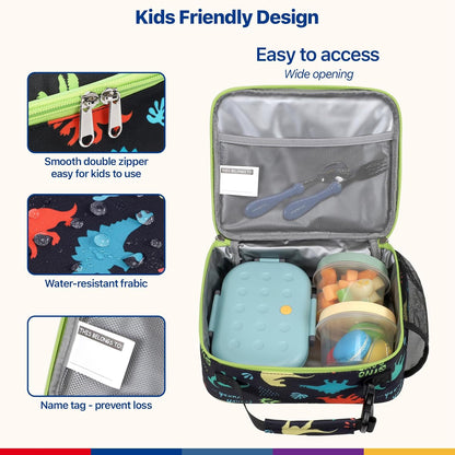 Bagseri Kids Lunch Bag Boys - Thermal Insulated Lunch Box Tote with Water Bottle Holder, Reusable Leak-Proof Kids Lunch Box for Daycare & School, Black Dinosaur (Containers Not Included)