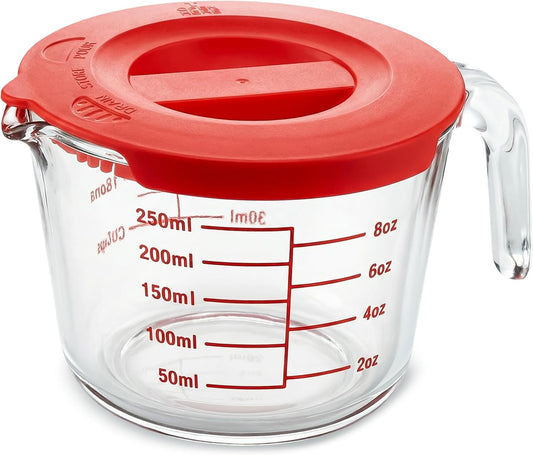 NutriChef 1,2 and 4 Cups Glass Measuring Cup Set with Lids (8, 17 and 34 oz) - Heat-Resistant Borosilicate Liquid Measure Cups with Easy-Read Scale for Cooking, Baking & Food Storage, Dishwasher Safe