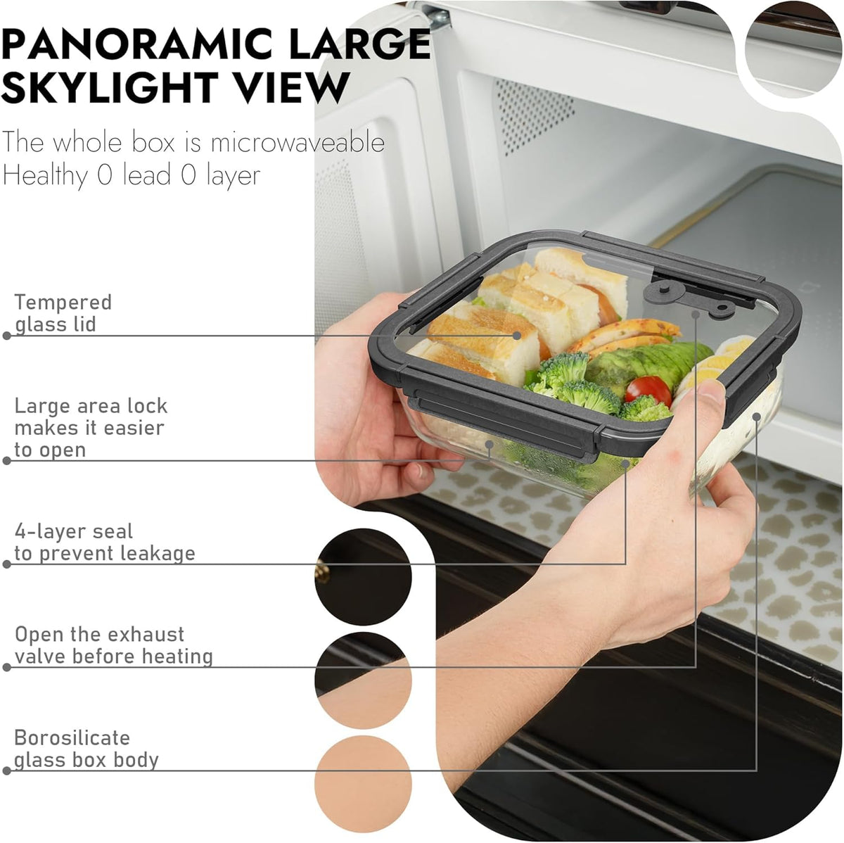 5-Pack Borosilicate Glass Containers with Tempered Glass Lids, 35.2oz/4.4 Cup Airtight Meal Prep Set, Microwave/Freezer Safe (Gray)