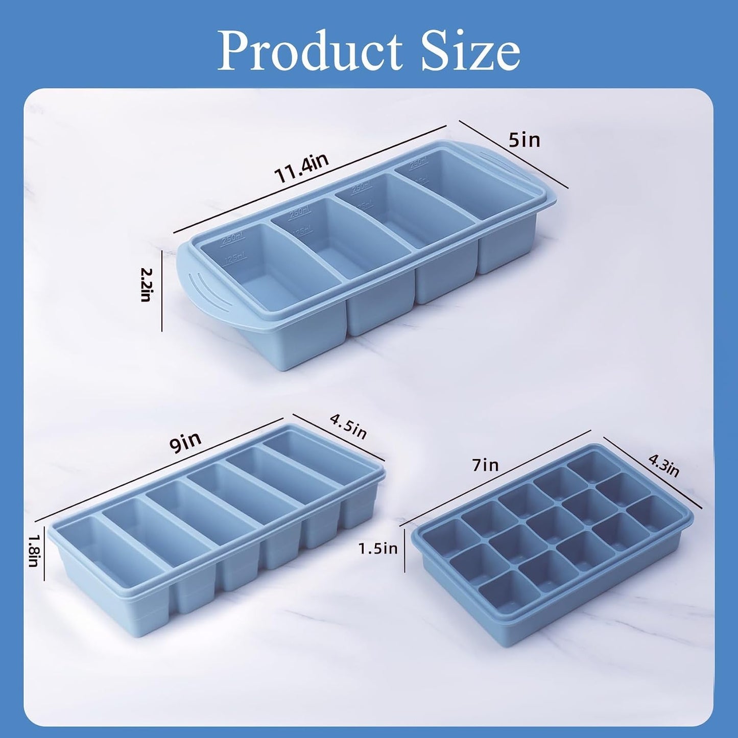 3-Pack Silicone Freezer Trays with Lid,4 Large 1-Cup(250ml)&6 Medium 1/2-Cup(125ml)&15 Small 2 Tbsp(30ml) Soup Freezer Container Molds,Ice Cube Tray For Meal Prep&Freezing Soup,Herbs (Blue 3 Pack)