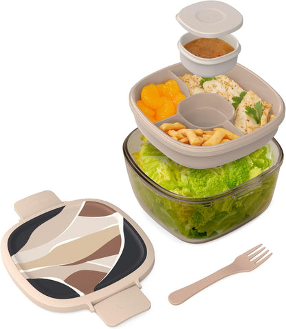 Bentgo Glass Salad Container - 7.6-Cup Salad Bowl with Airtight Lid, Leak-Proof Sauce Container, 4-Compartment Bento Tray & Reusable Fork - BPA-Free for Meal Prep, Office & More (Light Blue)
