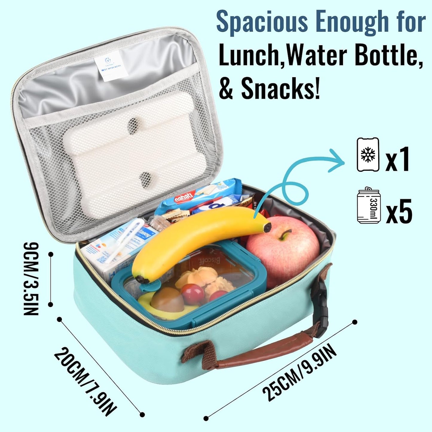 Genteen Lunch Box for Kids, Boys - Insulated Small LunchBox Reusable, Zip Closure & Buckle Handle, Portable Cooler for Work, School, Travel (Lake Green)