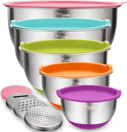 Wildone Mixing Bowls with Airtight Lids Set, 5PCS Stainless Steel Khaki Nesting Bowls for Kitchen, with Grater Attachments & Non-Slip Bottoms, Size 5, 3, 2, 1.5, 0.63 QT, Great for Mixing & Serving
