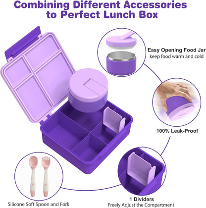 Pawtong Bento Lunch Box with 8oz Soup Thermo, Kids Leakproof Lunch Food Containers with 4 Compartment, Kids Thermo Insulated Hot Food Jar for School, Trvael - (Pink)