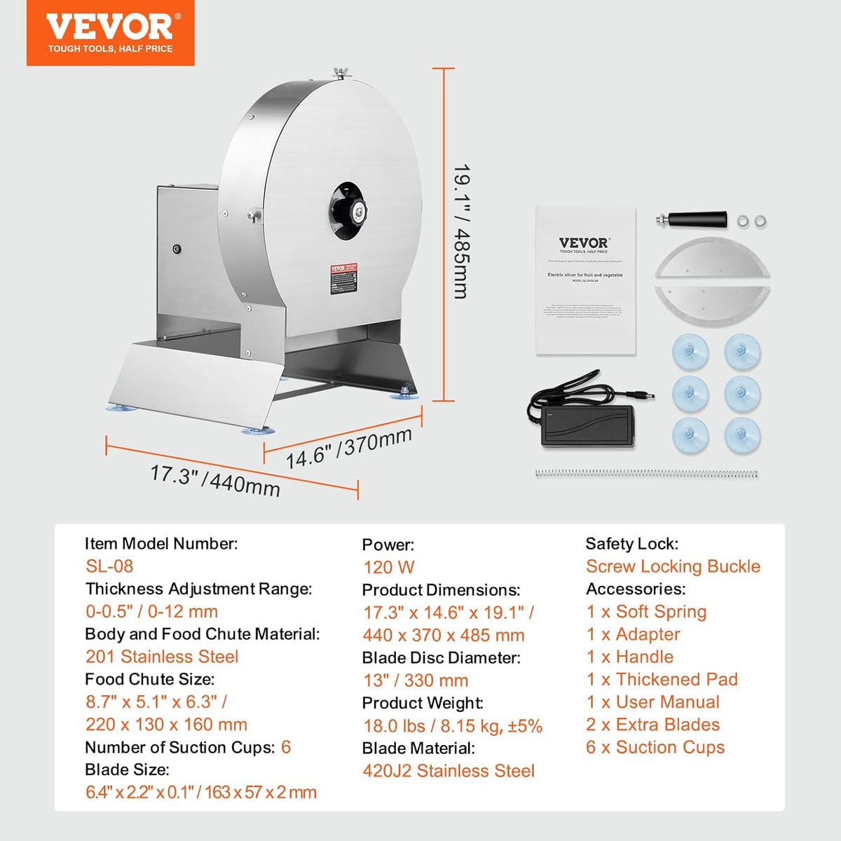 VEVOR Manual Vegetable Fruit Slicer, 0-0.5"/0-12mm Thickness Adjustable Commercial Slicer Machine, Stainless Steel Food Cutter Slicing Machine with 2 Spare Blades, for Potato, Cucumber, Lemon, Tomato