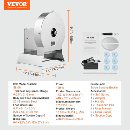 VEVOR Manual Vegetable Fruit Slicer, 0-0.5"/0-12mm Thickness Adjustable Commercial Slicer Machine, Stainless Steel Food Cutter Slicing Machine with 2 Spare Blades, for Potato, Cucumber, Lemon, Tomato