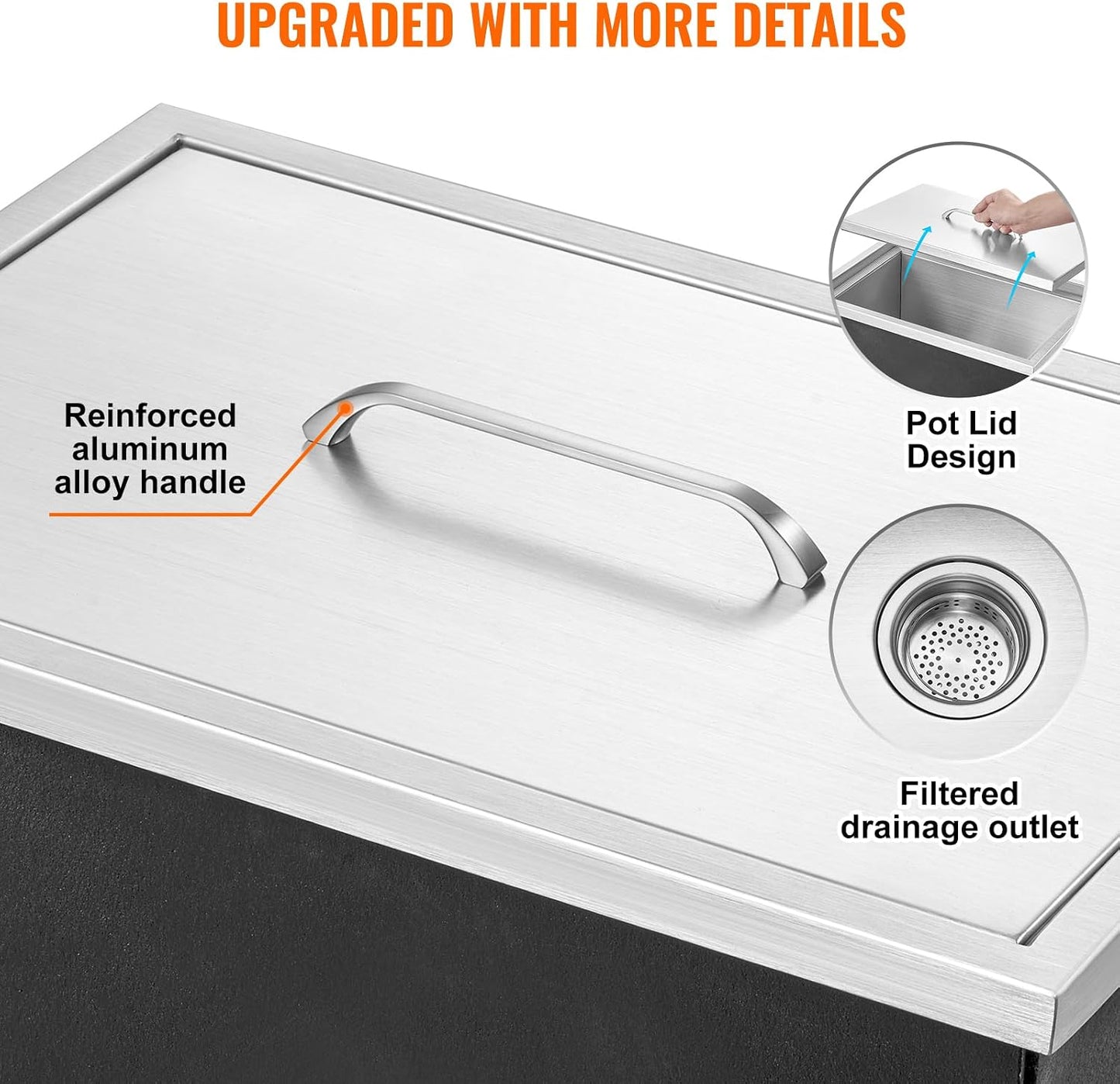 Happybuy Drop in Ice Chest 18L x 12W x 14.5H Inch Stainless Steel Ice Cooler with Sliding Cover Drop in Ice Bin Included Drain-Pipe and Drain Plug for Cold Wine Beer