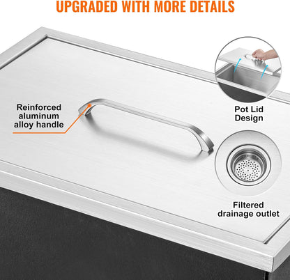 Happybuy Drop in Ice Chest 18L x 12W x 14.5H Inch Stainless Steel Ice Cooler with Sliding Cover Drop in Ice Bin Included Drain-Pipe and Drain Plug for Cold Wine Beer