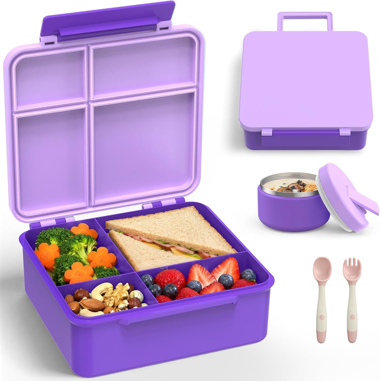 LOHASOK Bento Lunch Box Kids with 8oz Soup Thermo, Leak-Proof Lunch Containers with 4 Compartment, Thermo Hot Food Jar and Insulated Lunch Box for School Blue