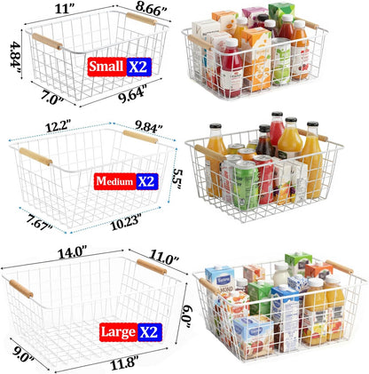 4 Pack White Metal Wire Food Storage Basket Organizer with Wooden Handles for Organizing Kitchen Cabinets Large